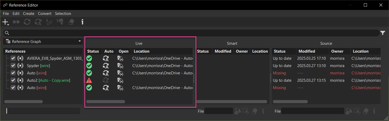Reference Editor showing Live Reference section