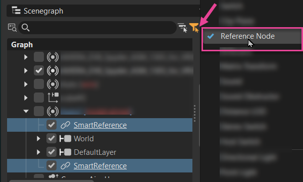 Scenegraph filter list displaying Reference Node