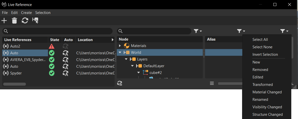 Filters available in the Alias and VRED columns