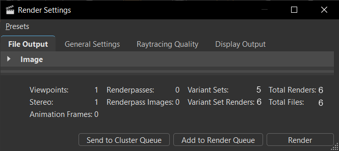 Render Settings readout for rendered data