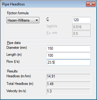 Pipe Headloss Dialog
