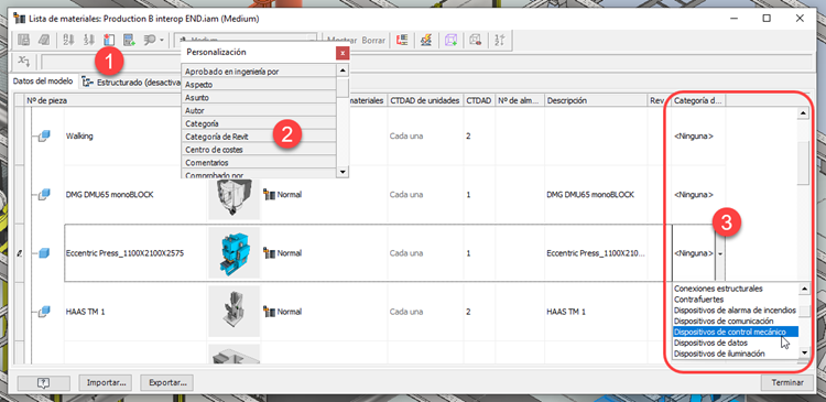Categoría de Revit en la lista de materiales