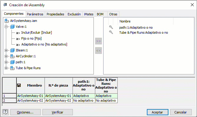 Configuración de creación de tubería de iAssembly