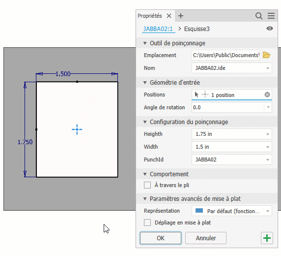 Propriétés de la table de poinçonnage