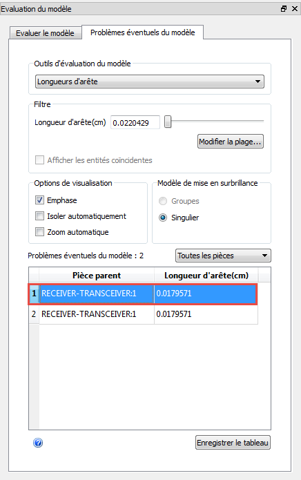 boîte de dialogue d'évaluation du modèle