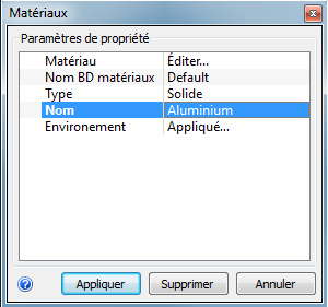 boîte de dialogue des matériaux