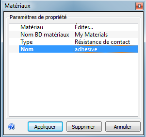 boîte de dialogue des matériaux