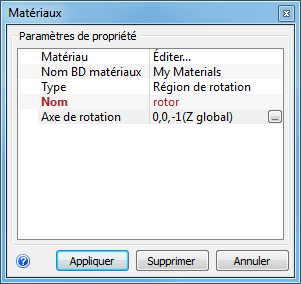 boîte de dialogue des matériaux