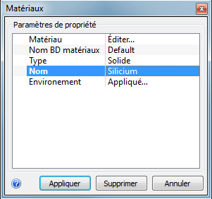 boîte de dialogue des matériaux