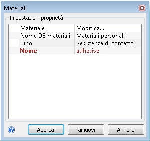 finestra di dialogo Materiali