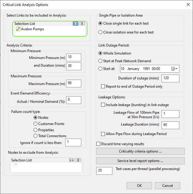Critical Link Analysis Options dialog