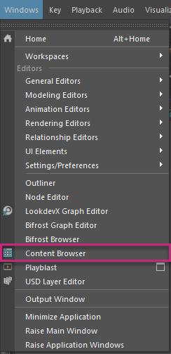 ウィンドウ(Windows)メニュー - コンテンツ ブラウザ 