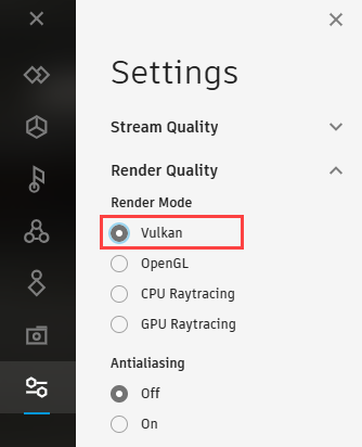 ストリーミング アプリの[設定] > [レンダリング品質]の Vulkan
