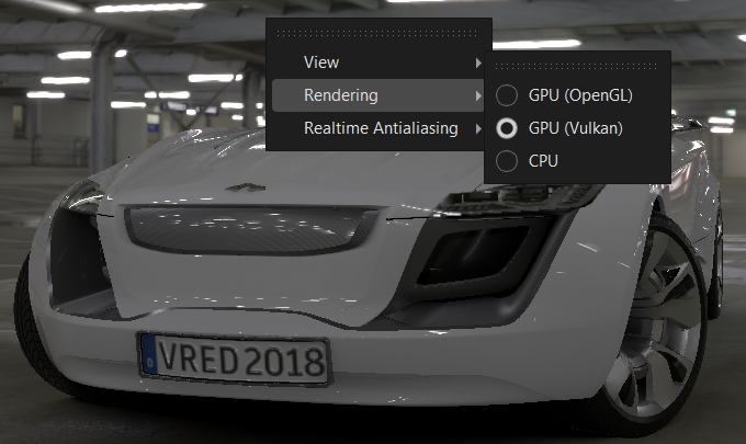 VRED Go の[レンダリング]コンテキスト メニューに追加された Vulkan