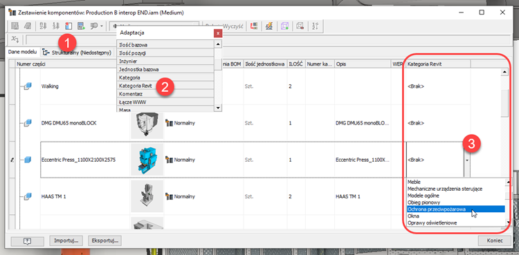 Kategoria programu Revit w zestawieniu komponentów