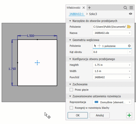 Właściwości tabeli otworów przebijanych