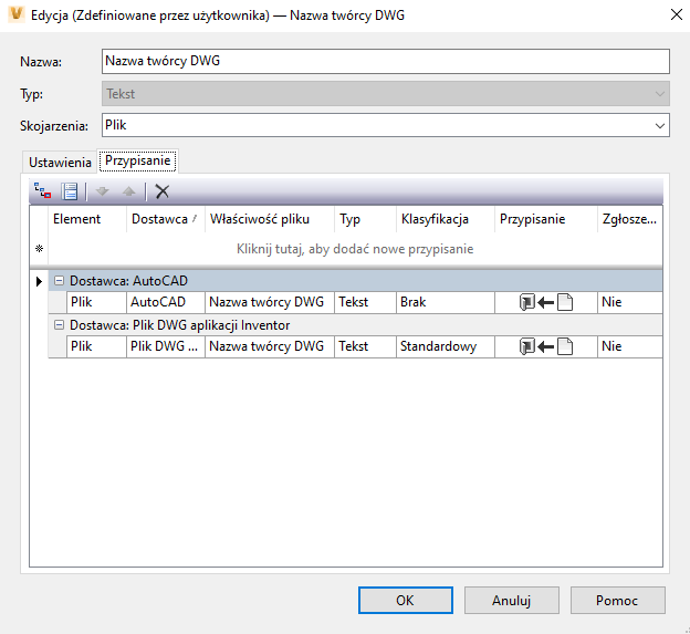edytor właściwości zdefiniowanych przez użytkownika