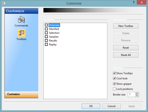 Customize dialog - Toolbars page