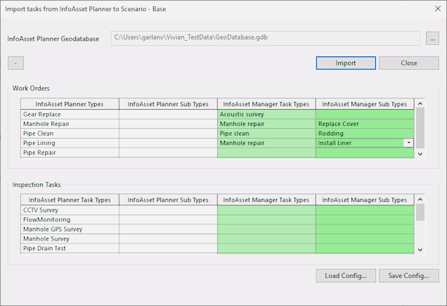 Import Tasks From InfoAsset Planner dialog (expanded)