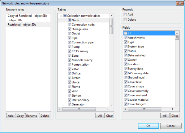 Network roles and write permissions dialog
