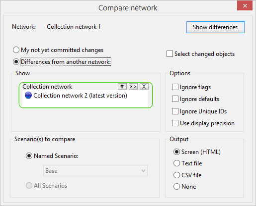 Compare network dialog