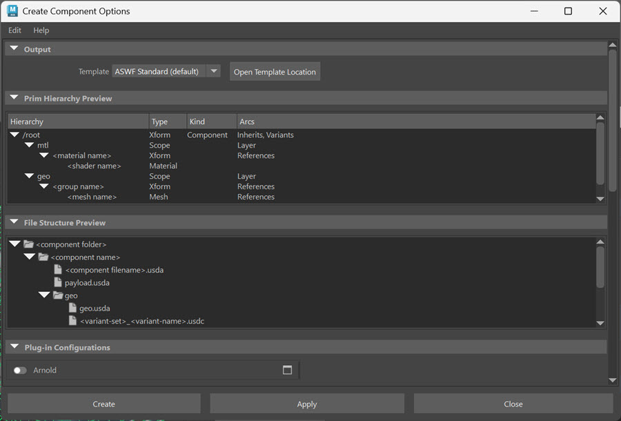 Component Creator options