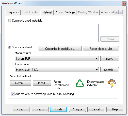 Quickstart Fill analysis: Select a material