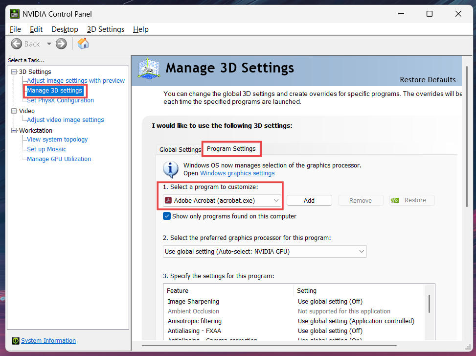 Manage 3D Settings and Program Settings and Select