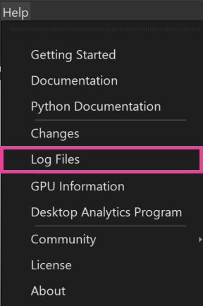 Help Menu with Log Files option