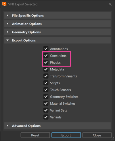 Remove Constraints and Physics from VPB/OSB Export