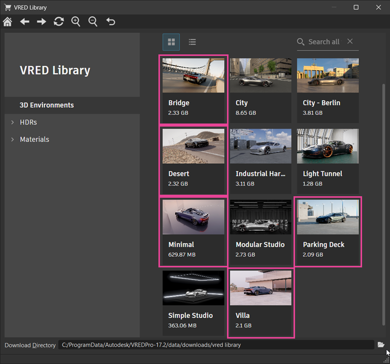 VRED Library displaying all the 3D environments