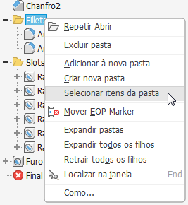 Comandos da pasta de peças