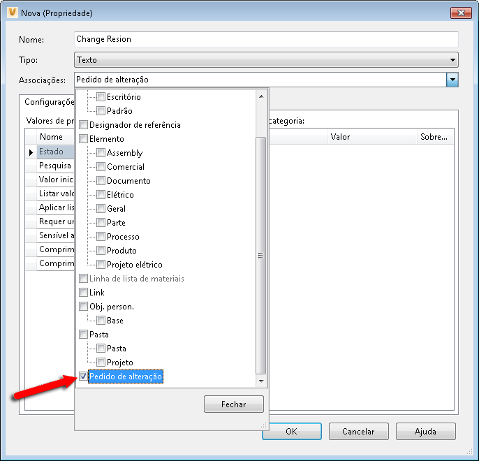caixa de diálogo nova propriedade