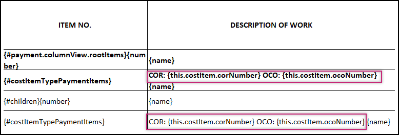 显示 COR 和 OCO 编号变量的文档模板