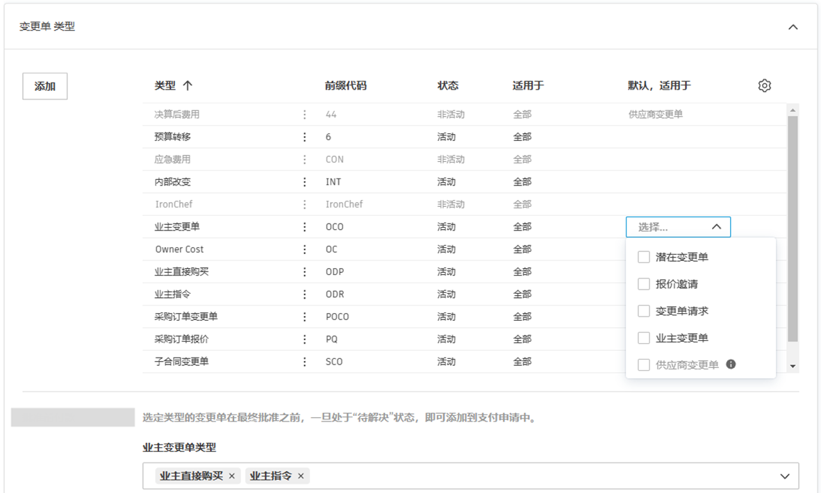 默认变更单类型配置