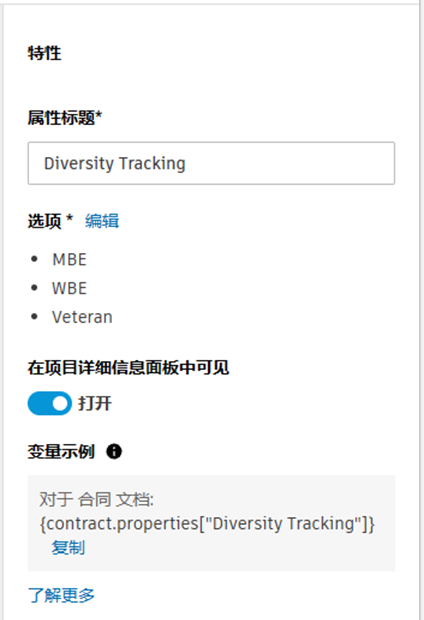 “多样性跟踪”下拉属性的“特性”面板，其中包含“MBE”、“WBE”、“DBE”、“SDVOB”和“其他”选项