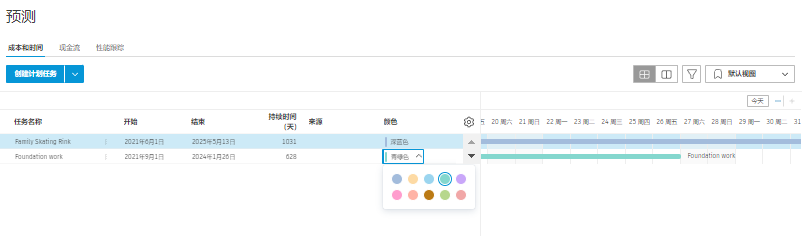 “成本和时间”选项卡，在甘特图视图中显示了计划任务以及任务详细信息