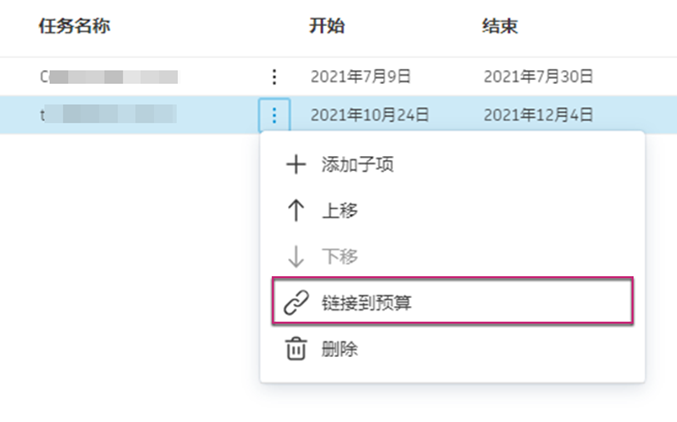 “更多”菜单中的“链接到预算”选项