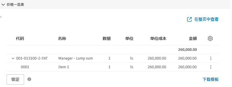 显示预算代码结构的合同价格一览表