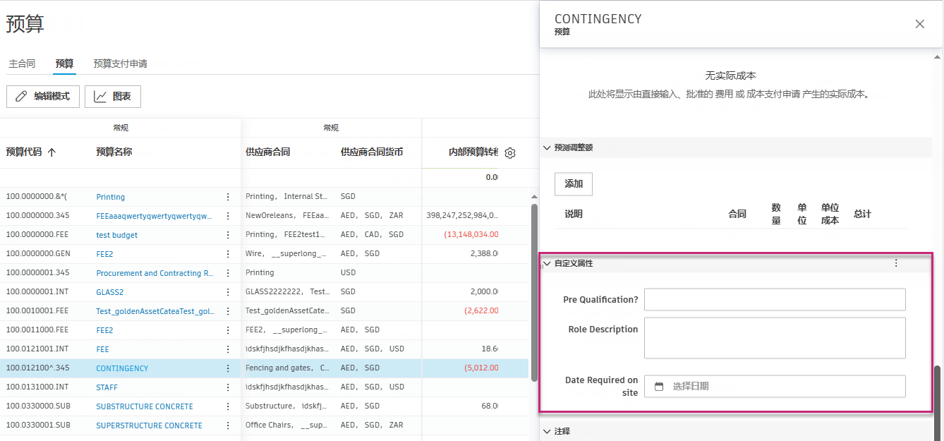 显示“自定义属性”部分的详细信息面板，其中包含用于输入数据的多个属性字段