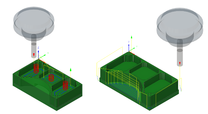 在三个挖槽中应用的 2D 挖槽刀具路径（左侧）。在零件外部周围应用的 2D 自适应清洁刀具路径（右侧）。