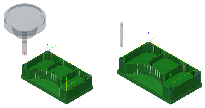 在四个倒角孔的圆锥面处应用的钻孔刀具路径（左侧）。在四个孔处应用的钻孔刀具路径（右侧）