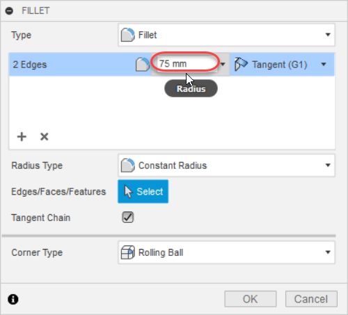 将半径设置为 75 毫米