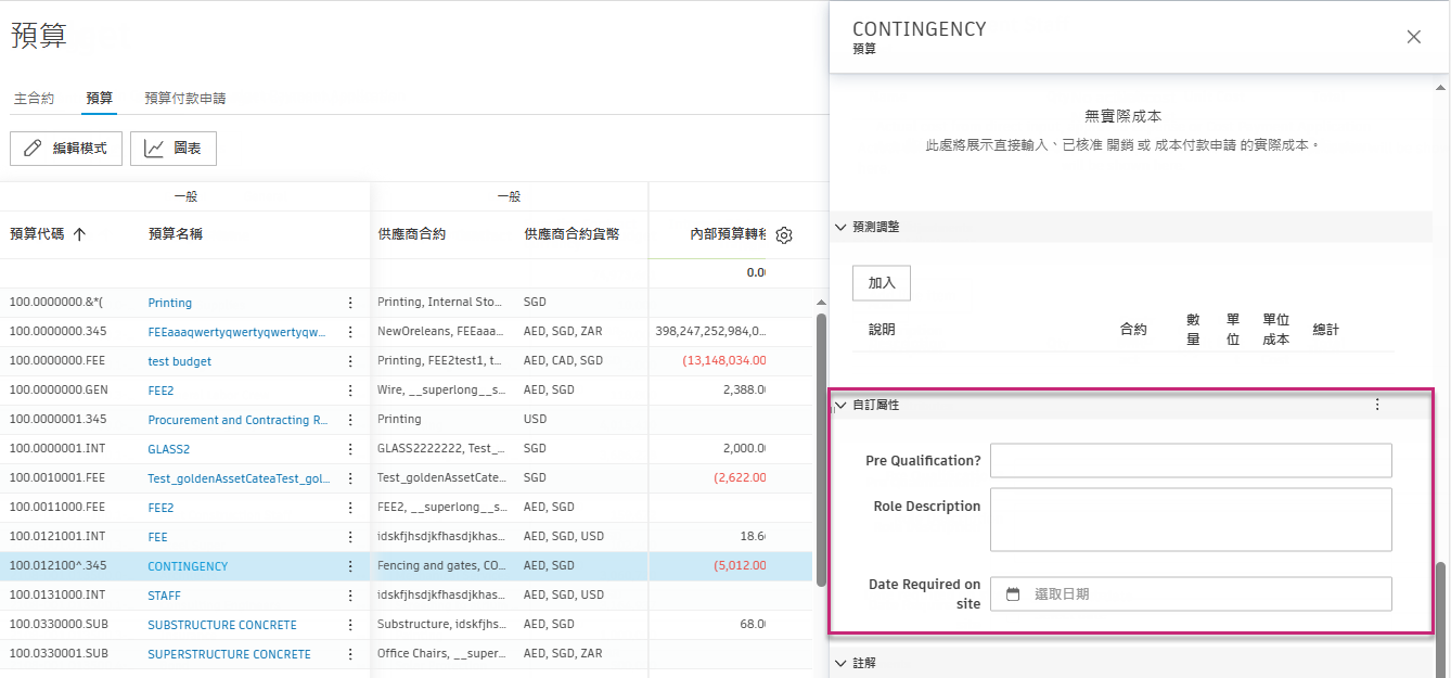 詳細資料面板，其中顯示的「自訂屬性」區段包含多個用於輸入資料的屬性欄位