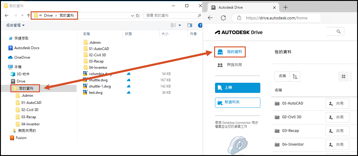 展示雲端資料的本端磁碟機表現法的 Autodesk Drive 連接器