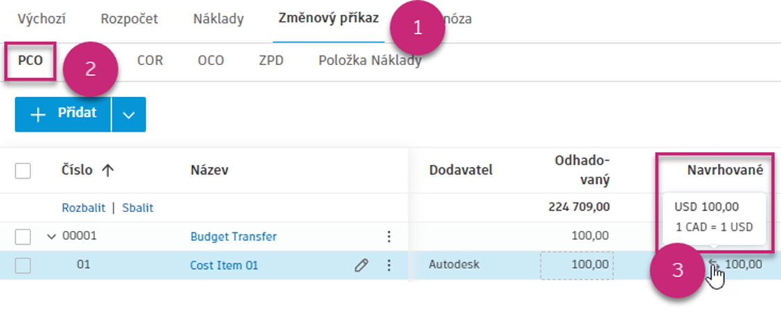 Rozhraní Změnové příkazy cizí měny zobrazující správu více měn