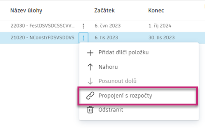 Možnost nabídky Propojit s rozpočty