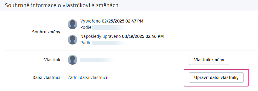 Panel Vlastník a Souhrn změn, změna dalších vlastníků