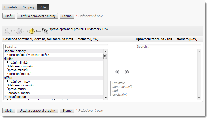 Stránka Správa oprávnění pro roli