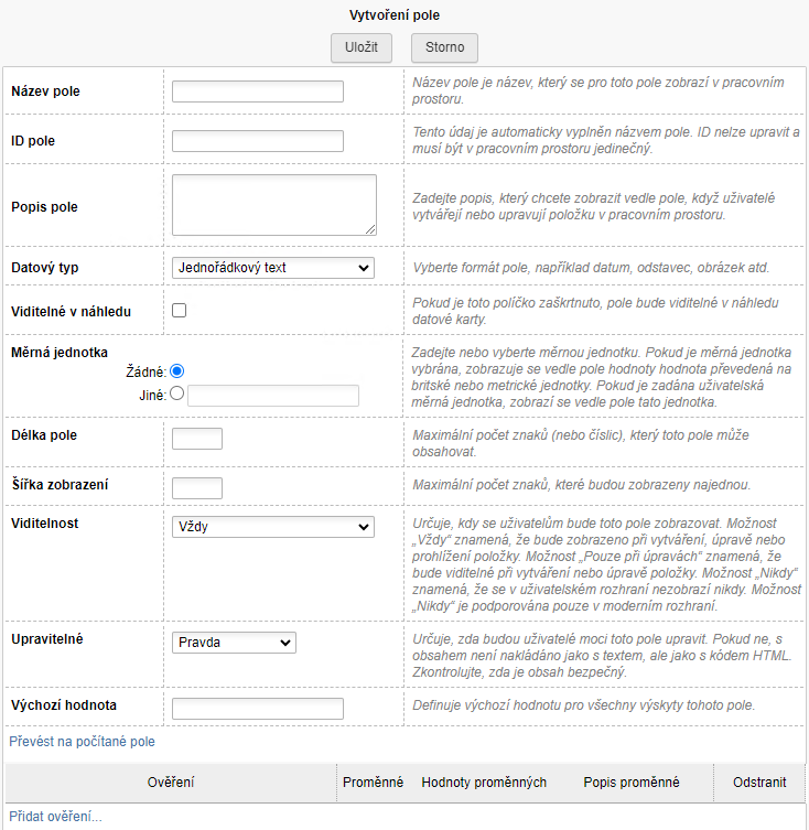 Dialog Vytvoření pole